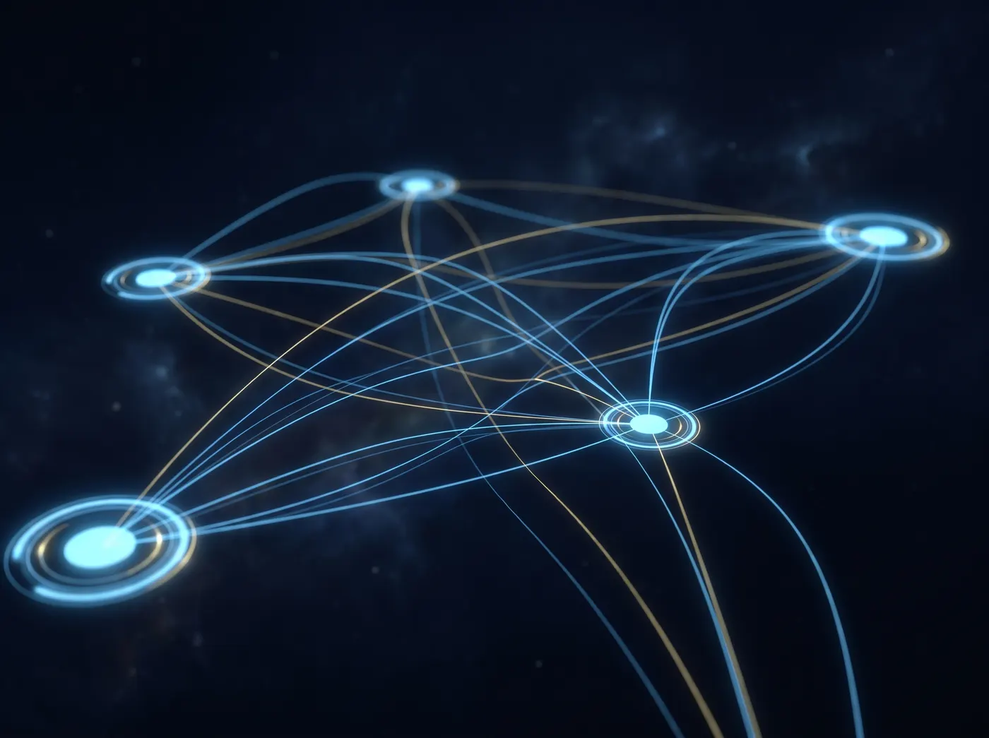 Abstract light paths routed between several glowing hubs