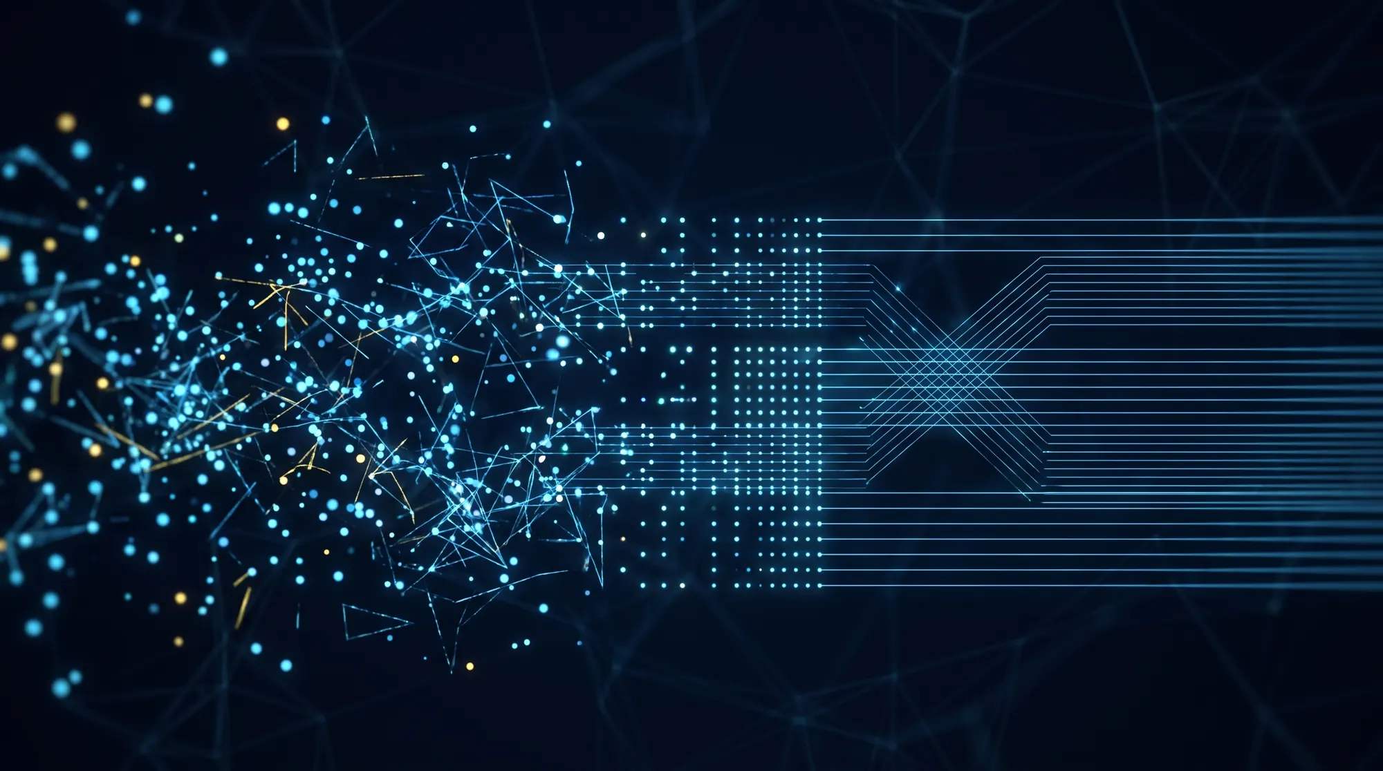 Abstract particles arranged into ordered patterns on a dark background